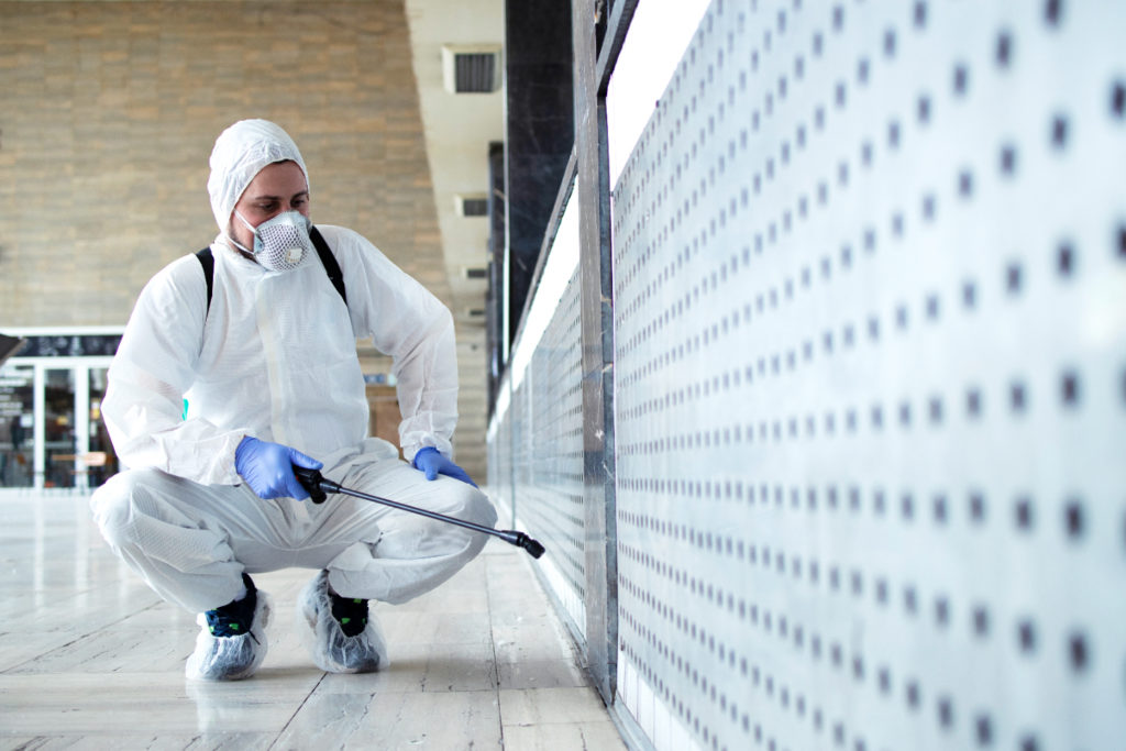 Un professionnel en train de désinsectiser une entreprise. En gironde ou dans les Landes, NF Régul' X Nuisibles peut vous débarrasser des nuisibles dans vos locaux professionnels.